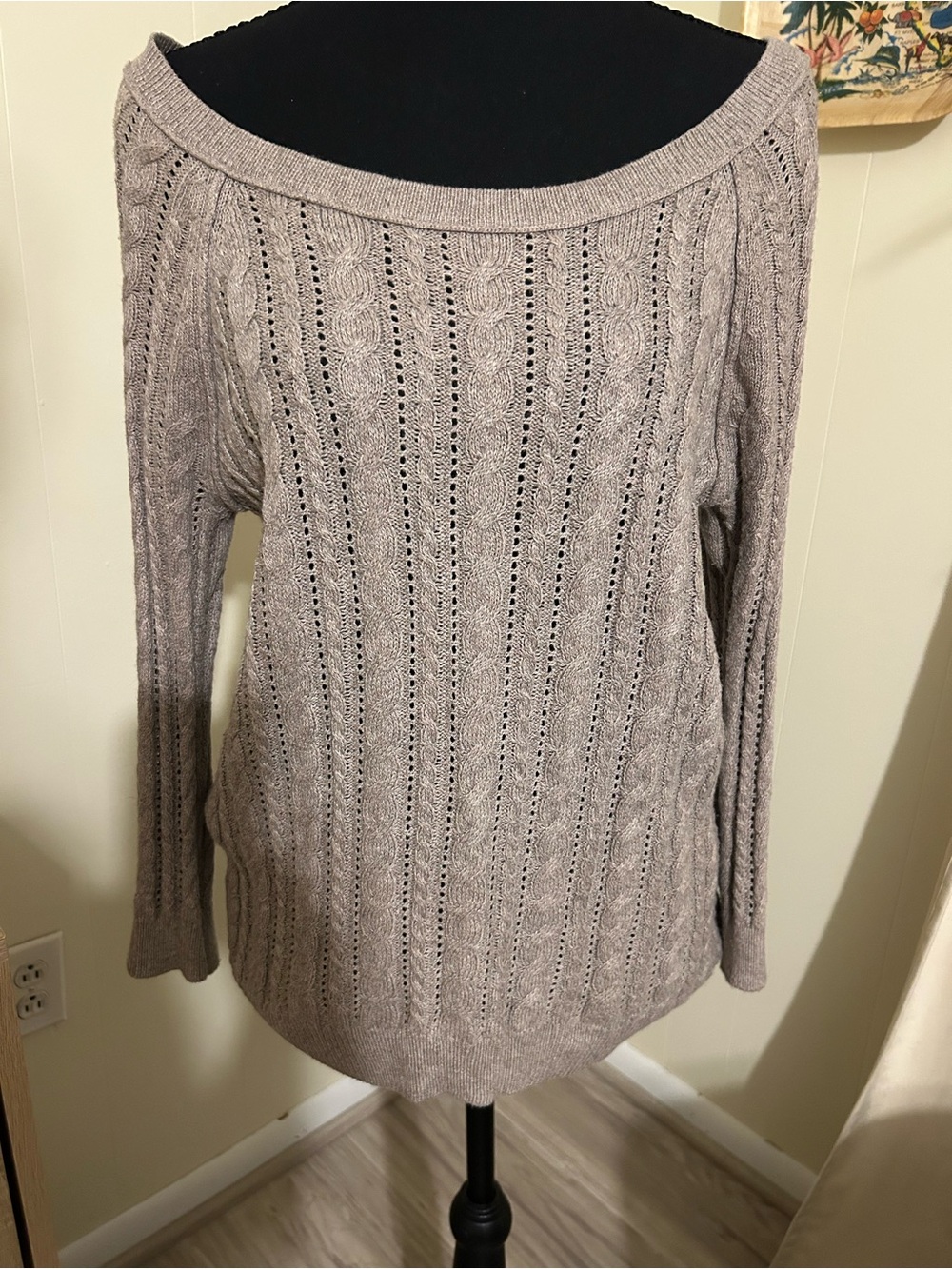 American Eagle Outfitters Off-Shoulder Cable Knit Sweater in Taupe